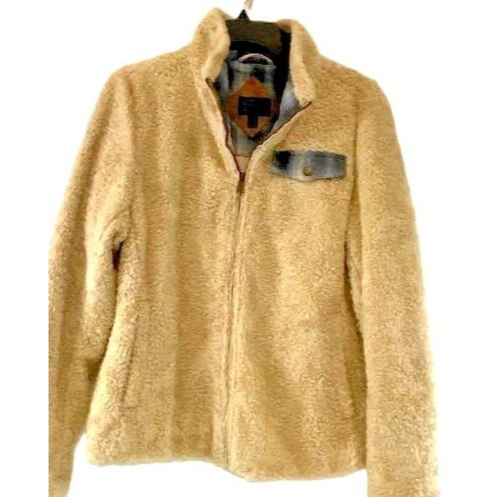 Pendleton Cream Fuzzy Sherpa Fleece Full Zip Jacket Plaid Accent M
